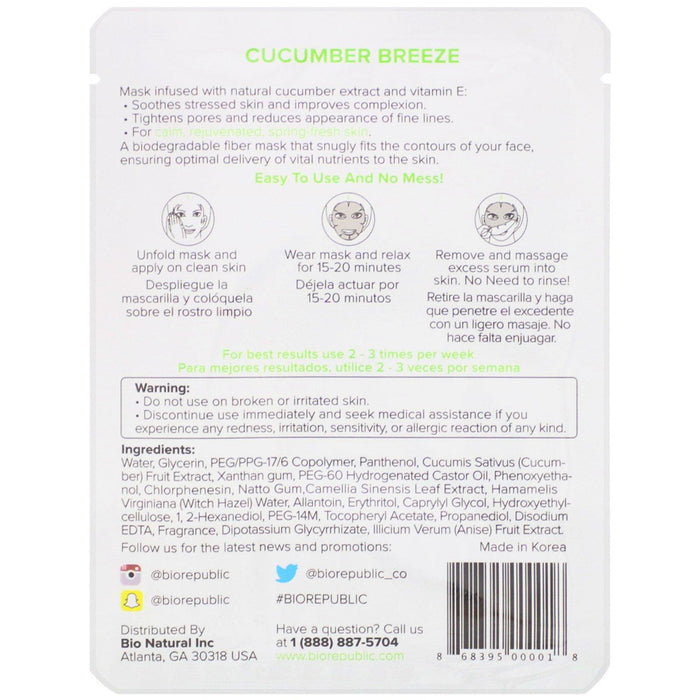 BioRepublic Skincare, Cucumber Breeze, Soothing Fiber Beauty Sheet Mask, 1 Sheet, 0.63 oz (18 ml) - HealthCentralUSA