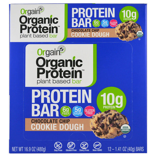 Orgain, Organic Plant-Based Protein Bar, Chocolate Chip Cookie Dough, 12 Bars, 1.41 oz (40 g) Each - HealthCentralUSA