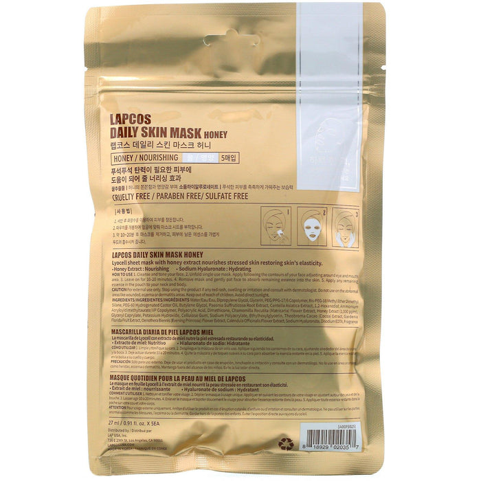 Lapcos, Daily Skin Beauty Mask Honey, Nourishing, 5 Sheets, 0.91 fl oz (27 ml) Each - HealthCentralUSA