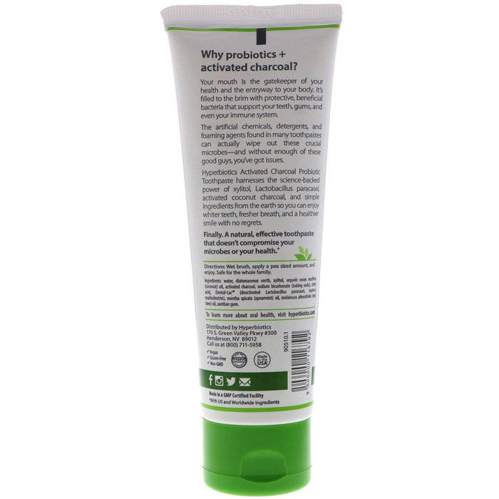 Hyperbiotics, Activated Charcoal Probiotic Toothpaste, Spearmint, 4 oz (113 g) - HealthCentralUSA
