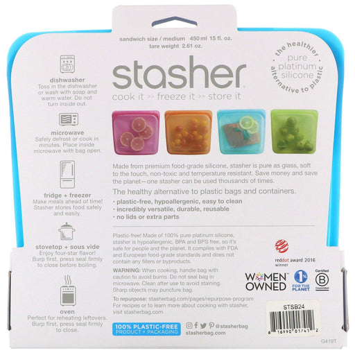 Stasher, Reusable Silicone Food Bag, Sandwich Size/Medium, Blueberry, 15 fl oz (450 ml) - HealthCentralUSA