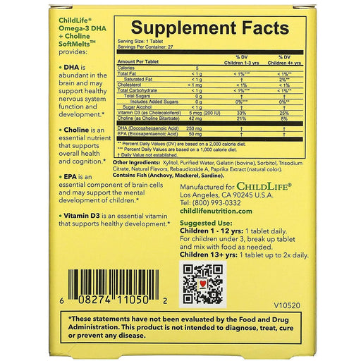 ChildLife, Omega-3 DHA + Choline SoftMelts, Natural Passion Fruit Flavor, 27 Tablets - HealthCentralUSA