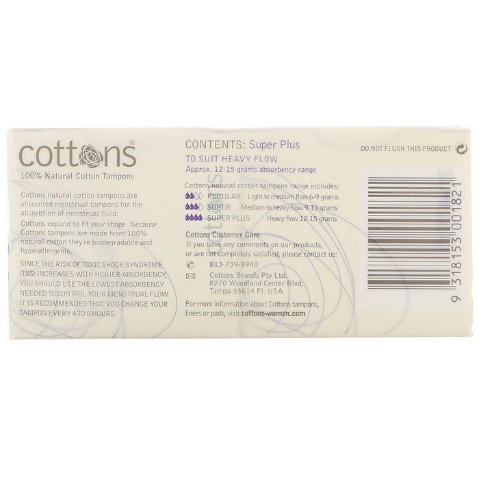 Cottons, 100% Natural Cotton Tampons, Super Plus, Unscented, 16 Tampons - HealthCentralUSA