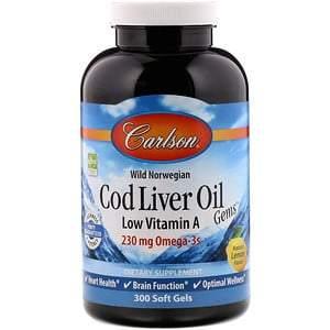 Carlson Labs, Wild Norwegian, Cod Liver Oil Gems, Low Vitamin A, Natural Lemon Flavor, 300 Soft Gels - HealthCentralUSA