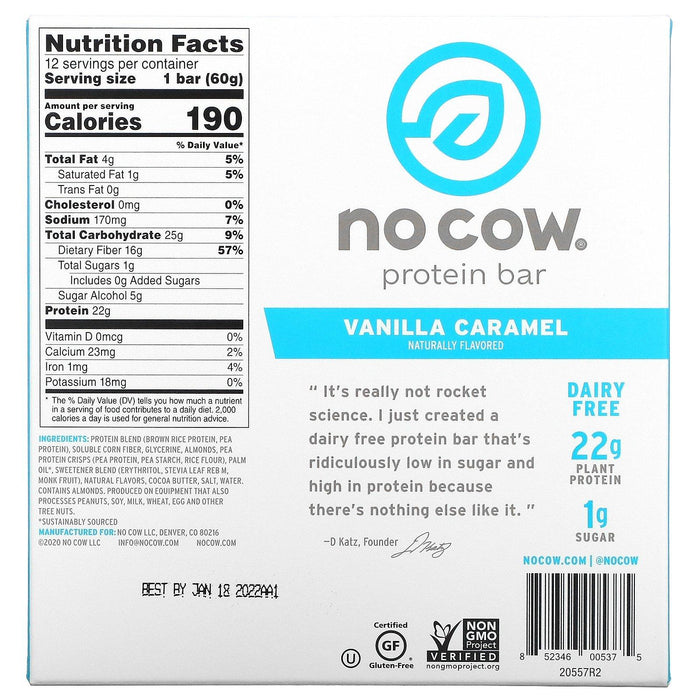 No Cow, Protein Bar, Vanilla Caramel, 12 Bars, 2.12 oz (60 g) Each - HealthCentralUSA