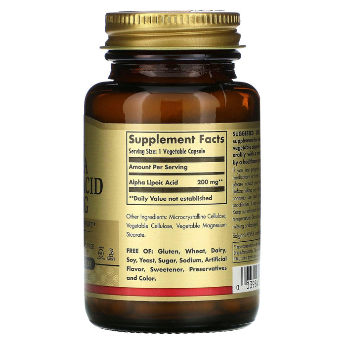Solgar, Alpha Lipoic Acid, 200 mg, 50 Vegetable Capsules - HealthCentralUSA