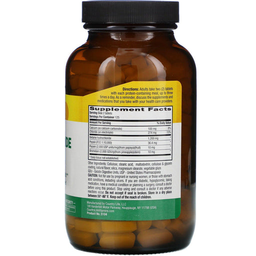 Country Life, Betaine Hydrochloride with Pepsin, 600 mg, 250 Tablets - HealthCentralUSA