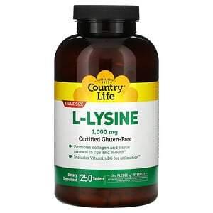 Country Life, L-Lysine, 1000 mg, 250 Tablets - HealthCentralUSA