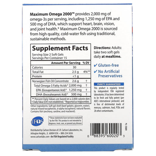Carlson Labs, Maximum Omega 2000, Natural Lemon Flavor, 2,000 mg, 30 Softgels - HealthCentralUSA