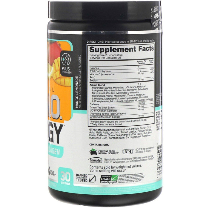 Optimum Nutrition, ESSENTIAL AMIN.O. ENERGY PLUS UC-II COLLAGEN, Mango Lemonade, 9.5 oz (270 g) - HealthCentralUSA