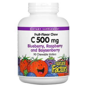 Natural Factors, Fruit-Flavor Chew Vitamin C, Blueberry, Raspberry and Boysenberry, 500 mg, 90 Chewable Wafers - HealthCentralUSA