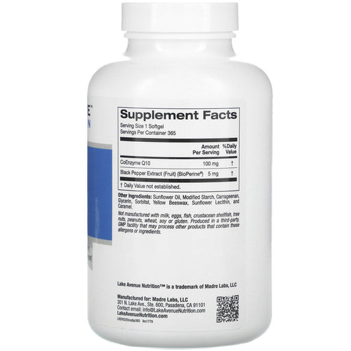Lake Avenue Nutrition, CoQ10 with Bioperine, 100 mg, 365 Veggie Softgels - HealthCentralUSA