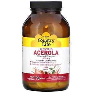 Country Life, Chewable Acerola, Vitamin C Complex, Berry, 500 mg, 90 Wafers - HealthCentralUSA