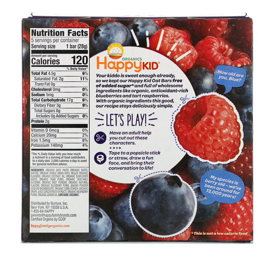 Happy Family Organics, Happy Kid, Blueberry + Raspberry, Fruit & Oat Bar, 5 Bars, 0.99 oz (28 g) Each - HealthCentralUSA