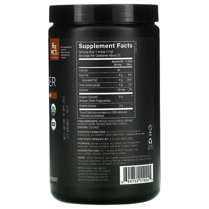 Nutiva, Organic MCT Powder, Chocolate, 10.6 oz (300 g) - HealthCentralUSA