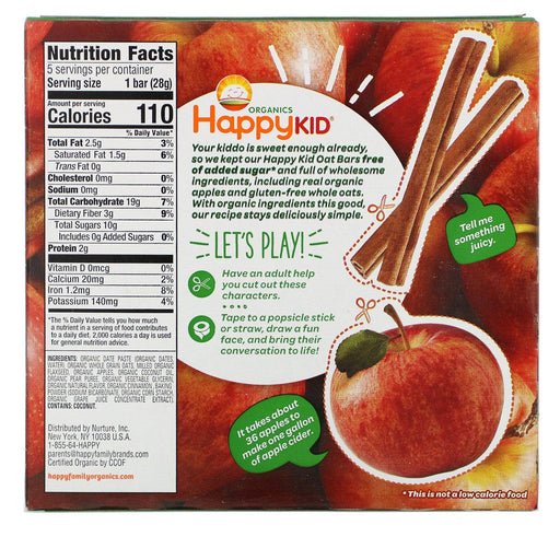 Happy Family Organics, Happy Kid, Apple + Cinnamon, Fruit & Oat Bar, 5 Bars, 0.99 oz (28 g) Each - HealthCentralUSA