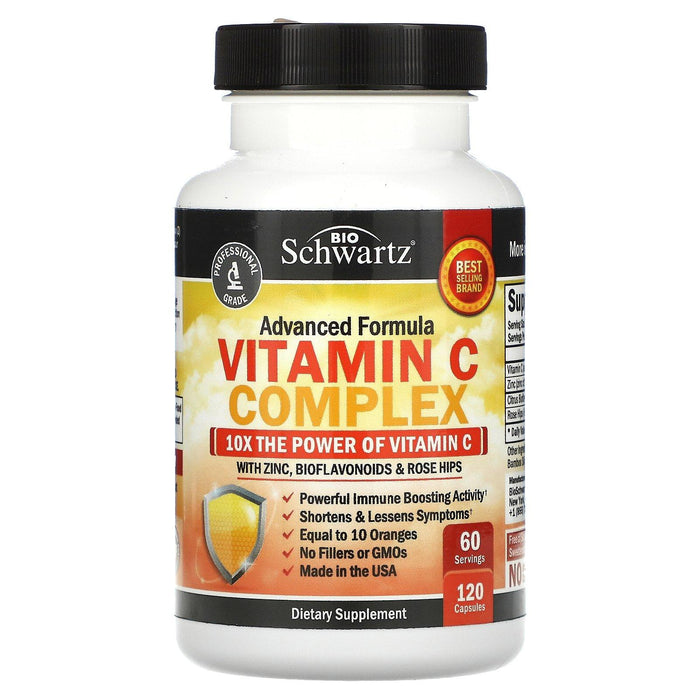 BioSchwartz, Advanced Formula Vitamin C Complex with Zinc, Bioflavonoids & Rose Hips, 120 Capsules - HealthCentralUSA