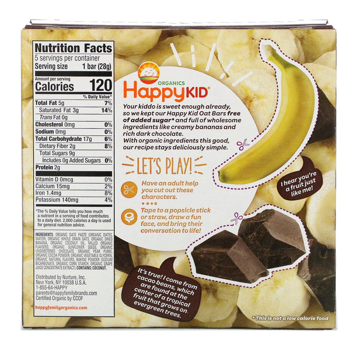 Happy Family Organics, Happy Kid, Banana + Chocolate, Fruit & Oat Bar, 5 Bars, 0.99 oz (28 g) Each - HealthCentralUSA