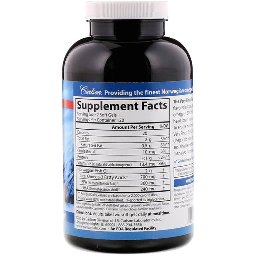 Carlson Labs, The Very Finest Fish Oil, Natural Orange Flavor, 700 mg, 240 Soft Gels - HealthCentralUSA