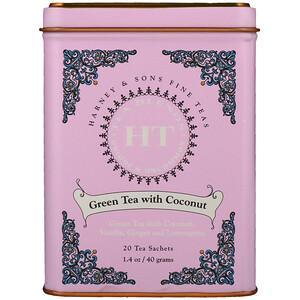 Harney & Sons, HT Tea Blend, Green Tea with Coconut, 20 Tea Sachets, 1.4 oz (40 g) - HealthCentralUSA