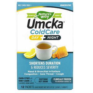 Nature's Way, Umcka, Cold Care, Day + Night, Soothing Hot Drink, Lemon-Citrus, Honey-Lemon, 12 Packets, 0.17 oz Each, (8 Day / 4 Night) - HealthCentralUSA