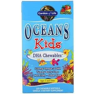 Garden of Life, Oceans Kids, DHA Chewables, Age 3 and Older, Berry Lime, 120 mg, 120 Chewable Softgels - HealthCentralUSA