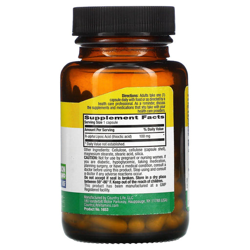 Country Life, R-Lipoic Acid, 100 mg, 60 Vegan Capsules - HealthCentralUSA