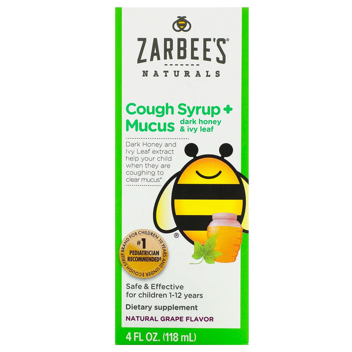 Zarbee's, Children's Cough Syrup + Mucus, Dark Honey & Ivy Leaf, For Children 12 Months+, Natural Grape Flavor, 4 fl oz (118 ml)