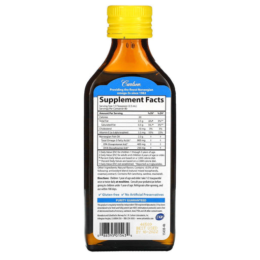 Carlson Labs, Kid's Norwegian, The Very Finest Fish Oil, Natural Lemon, 800 mg, 6.7 fl oz (200 ml) - HealthCentralUSA