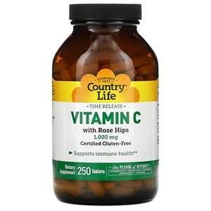 Country Life, Time Release Vitamin C with Rose Hips, 1,000 mg, 250 Tablets - HealthCentralUSA