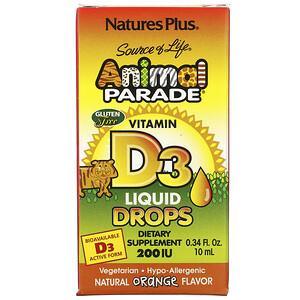 Nature's Plus, Source of Life, Animal Parade, Vitamin D3 Liquid Drops, Natural Orange Flavor, 200 IU, 0.34 fl oz (10 ml) - HealthCentralUSA