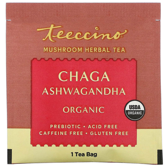 Teeccino, Mushroom Herbal Tea, Organic Chaga Ashwagandha, Caffeine Free , 10 Tea Bags, 2.12 oz (60 g) - HealthCentralUSA