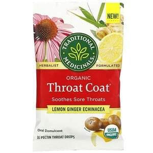 Traditional Medicinals, Organic Throat Coat Drops, Lemon Ginger Echinacea, 16 Pectin Throat Drops - HealthCentralUSA
