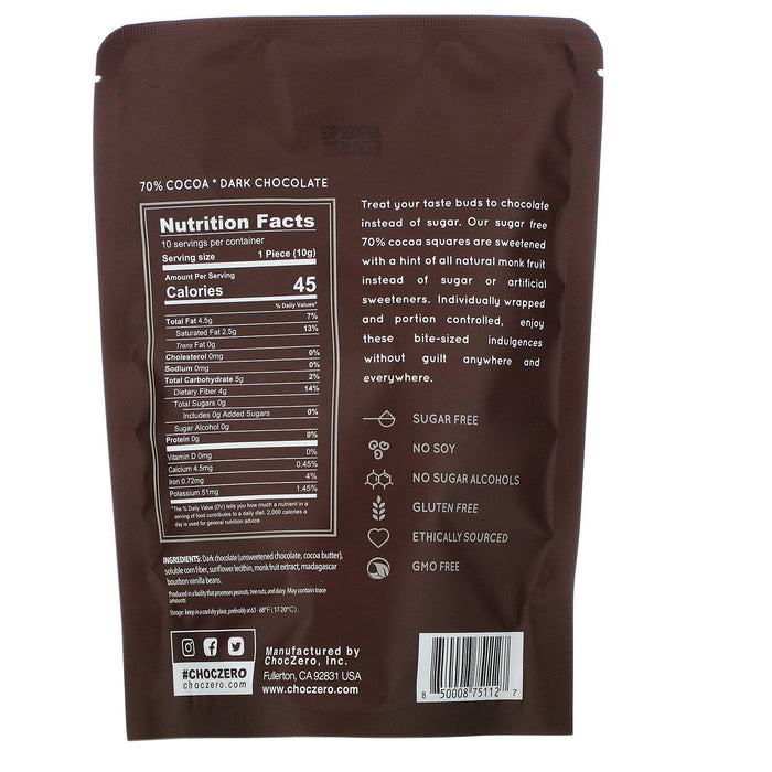 ChocZero, 70% Cocoa Dark Chocolate Squares, Sugar Free, 10 Pieces, 3.5 oz - HealthCentralUSA