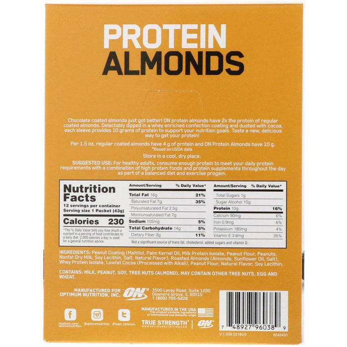 Optimum Nutrition, Protein Almonds, Dark Chocolate Peanut Butter, 12 Packets, 1.5 oz (43 g) Each - HealthCentralUSA