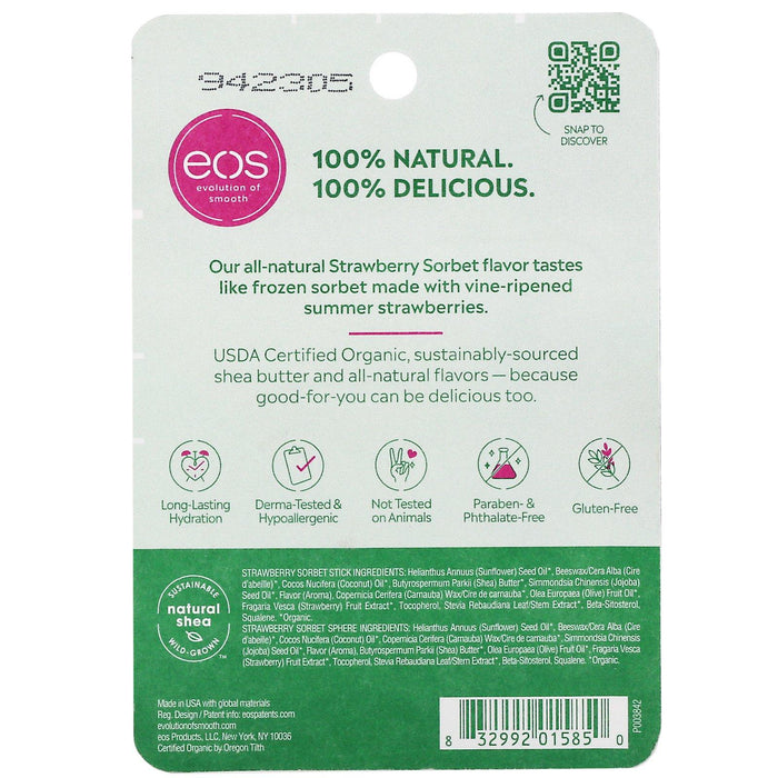 EOS, 100% Natural Shea Lip Balm, Strawberry Sorbet, 2 Pack, 0.39 oz (11 g) - HealthCentralUSA
