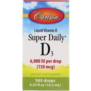 Carlson Labs, Super Daily D3, 150 mcg (6,000 IU), 0.35 fl oz (10.3 ml) - HealthCentralUSA