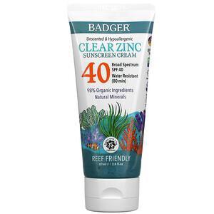 Badger Company, Clear Zinc Sunscreen Cream, SPF40, Unscented, 2.9 fl oz (87 ml) - HealthCentralUSA