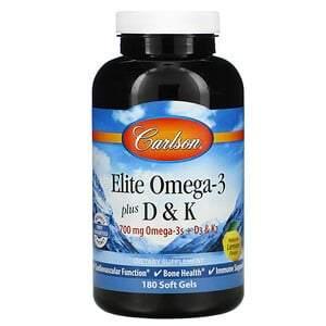 Carlson Labs, Elite Omega-3 Plus D & K, Natural Lemon Flavor, 180 Soft Gels - HealthCentralUSA