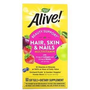 Nature's Way, Alive! Hair, Skin & Nails Multi-Vitamin, Strawberry, 60 Softgels - HealthCentralUSA