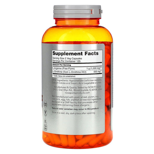 Now Foods, Sports, Arginine & Ornithine, 500 mg /250 mg, 250 Veg Capsules - HealthCentralUSA