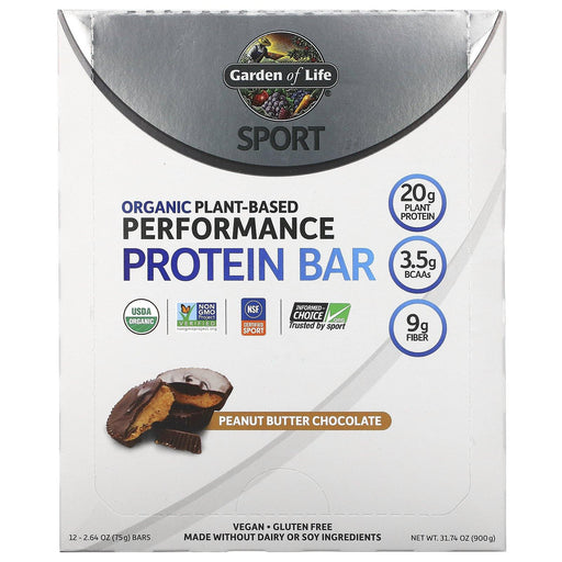 Garden of Life, Sport, Organic Plant-Based Performance Protein Bar, Peanut Butter Chocolate, 12 Bars, 2.64 oz (75 g) Each - HealthCentralUSA