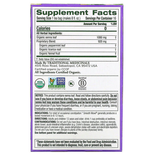 Traditional Medicinals, Organic Smooth Move, Senna Peppermint, Caffeine Free, 16 Wrapped Tea Bags, 1.13 oz (32 g) - HealthCentralUSA