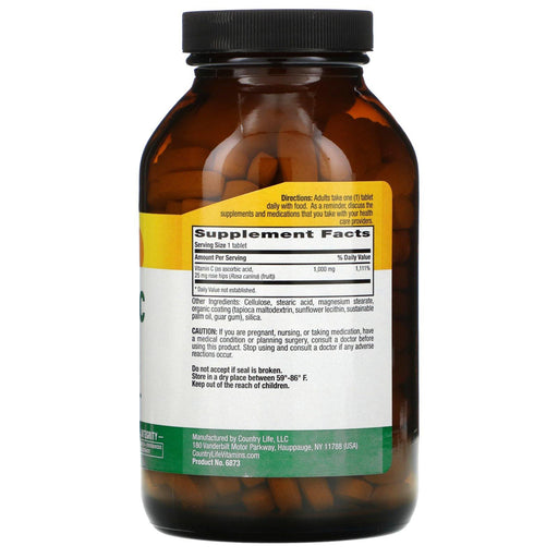 Country Life, Time Release Vitamin C with Rose Hips, 1,000 mg, 250 Tablets - HealthCentralUSA