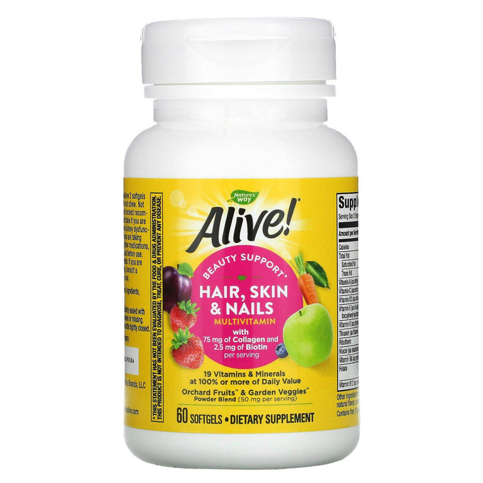 Nature's Way, Alive! Hair, Skin & Nails Multi-Vitamin, Strawberry, 60 Softgels - HealthCentralUSA