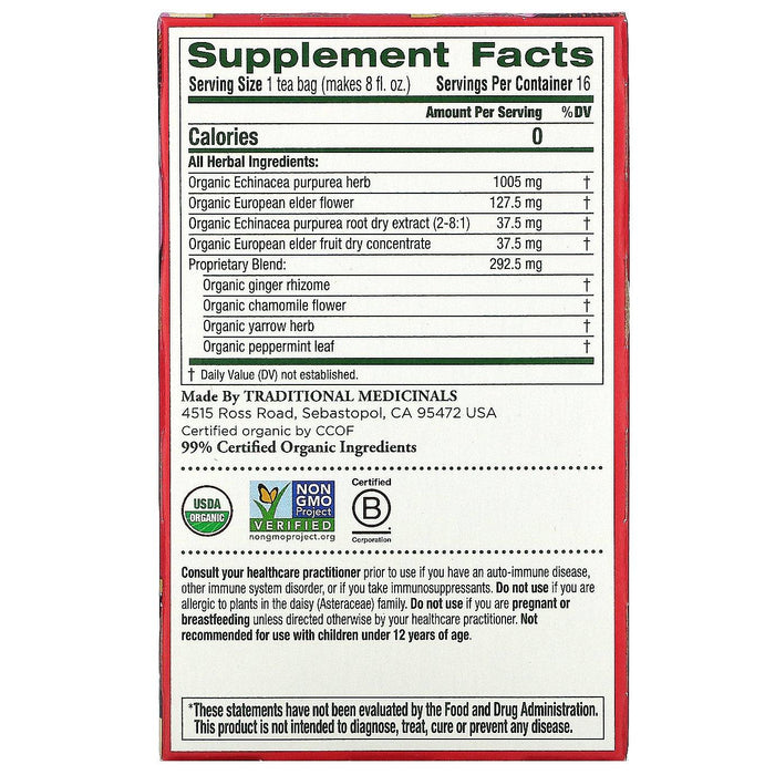 Traditional Medicinals, Organic Echinacea Plus, Elderberry, Caffeine Free, 16 Wrapped Tea Bags, .85 oz (24 g) - HealthCentralUSA