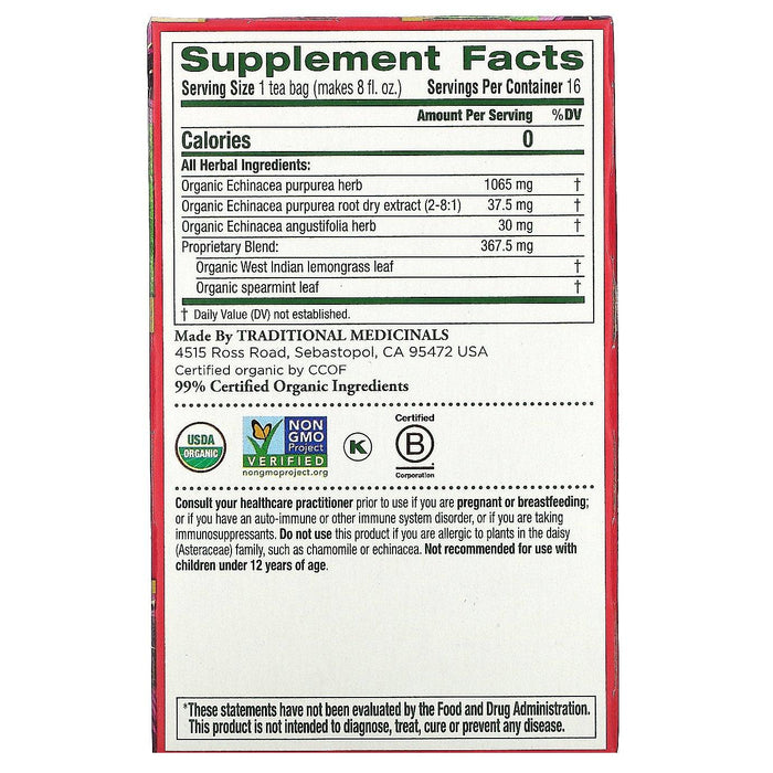 Traditional Medicinals, Organic Echinacea Plus, Original with Spearmint, Caffeine Free, 16 Wrapped Tea Bags, .85 oz (24 g) - HealthCentralUSA