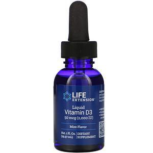 Life Extension, Liquid Vitamin D3, Mint Flavor, 2,000 IU, 1 fl oz (29.57 ml) - HealthCentralUSA