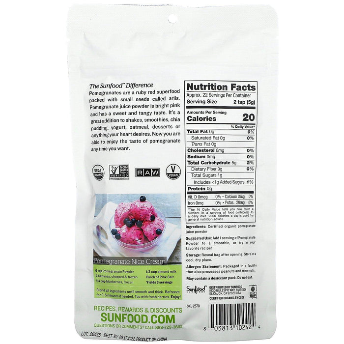 Sunfood, Raw Organic Pomegranate Powder, 4 oz (113 g) - HealthCentralUSA