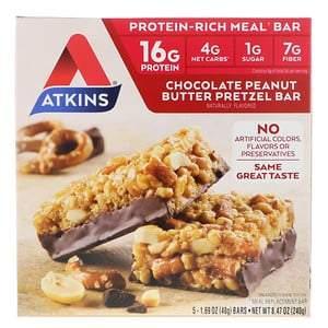 Atkins, Chocolate Peanut Butter Pretzel Bar, 5 Bars, 1.69 oz (48 g) Each - HealthCentralUSA